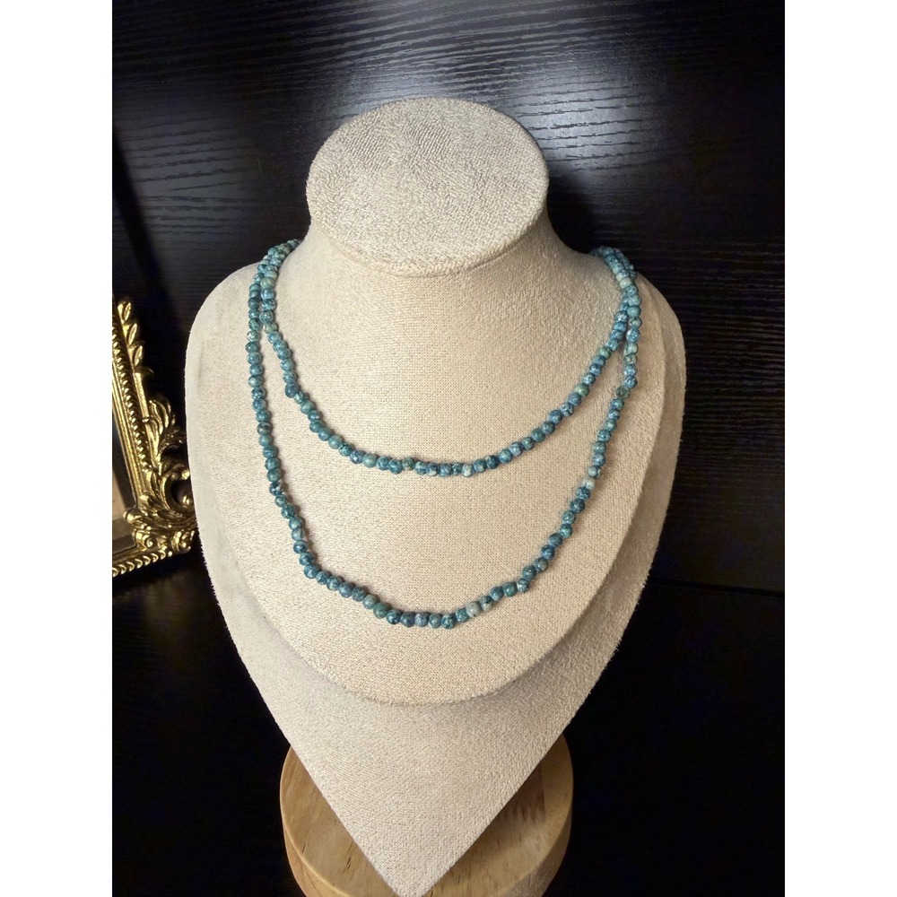 Blue Marbled Stone Bead Long Strand Necklace Opera Length Layering Boho 33 Inch